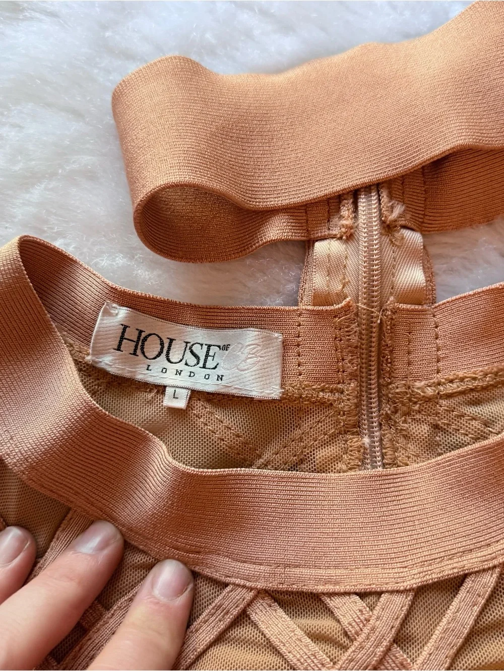 House of CB pink tan bodycon geometric bandage mini dress - Picture 6 of 8
